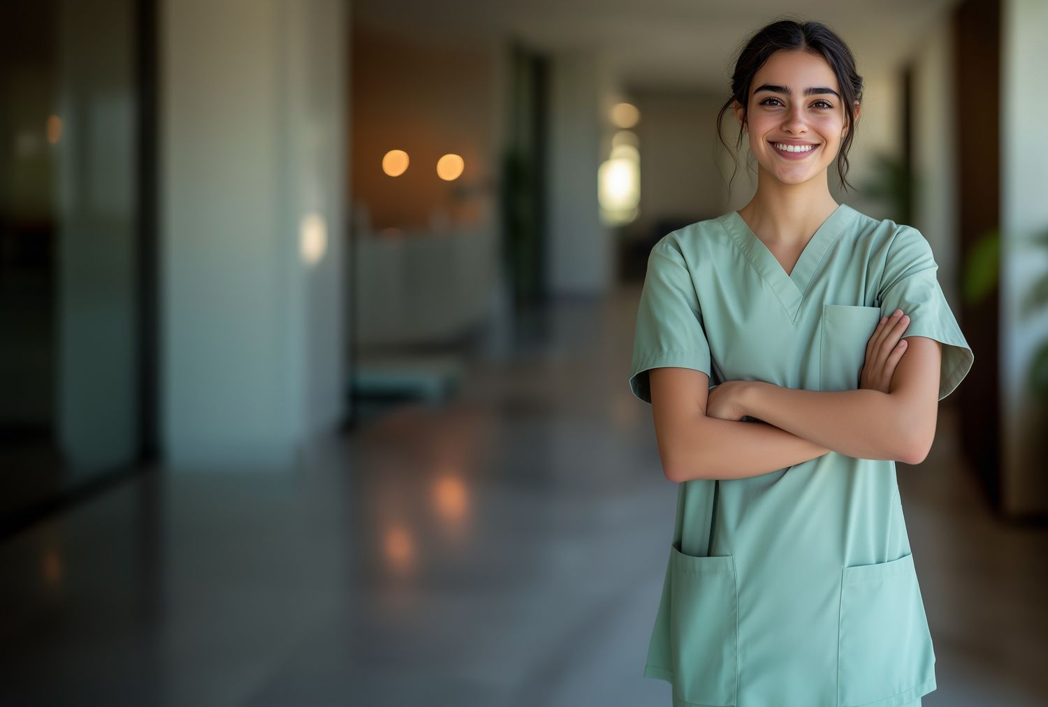 Smiling healthcare professional in green scrubs.