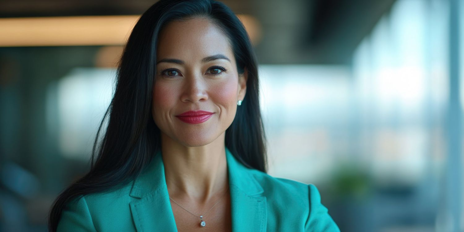 Confident woman in a green blazer, smiling.