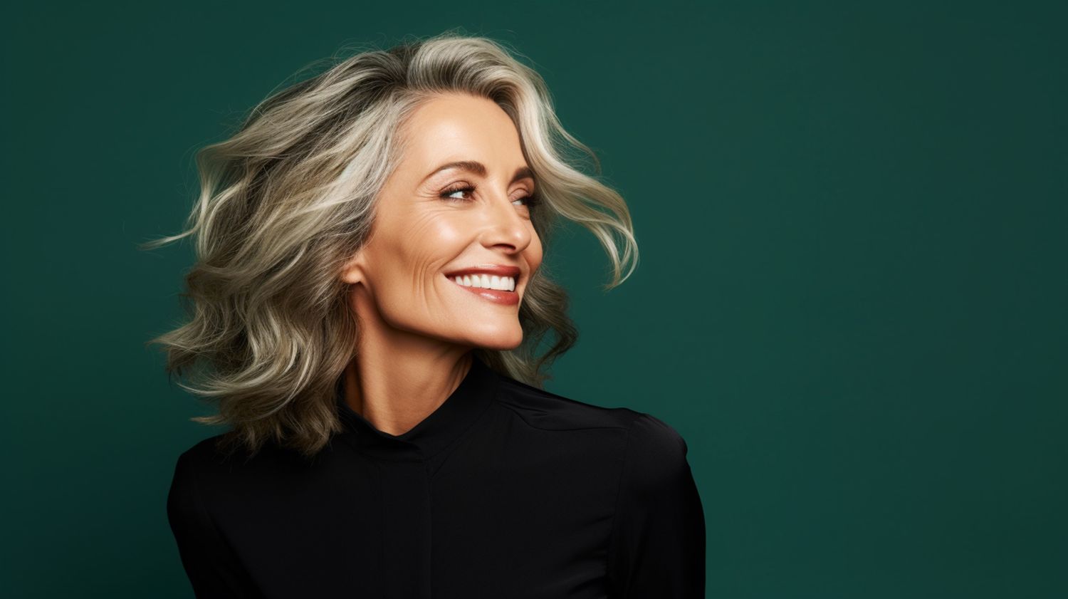 Woman smiling with wavy gray hair, green background.