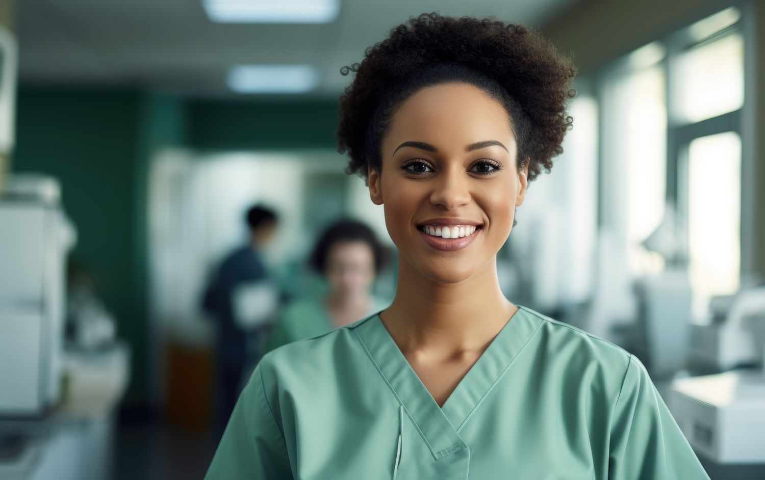 Smiling healthcare worker in scrubs.