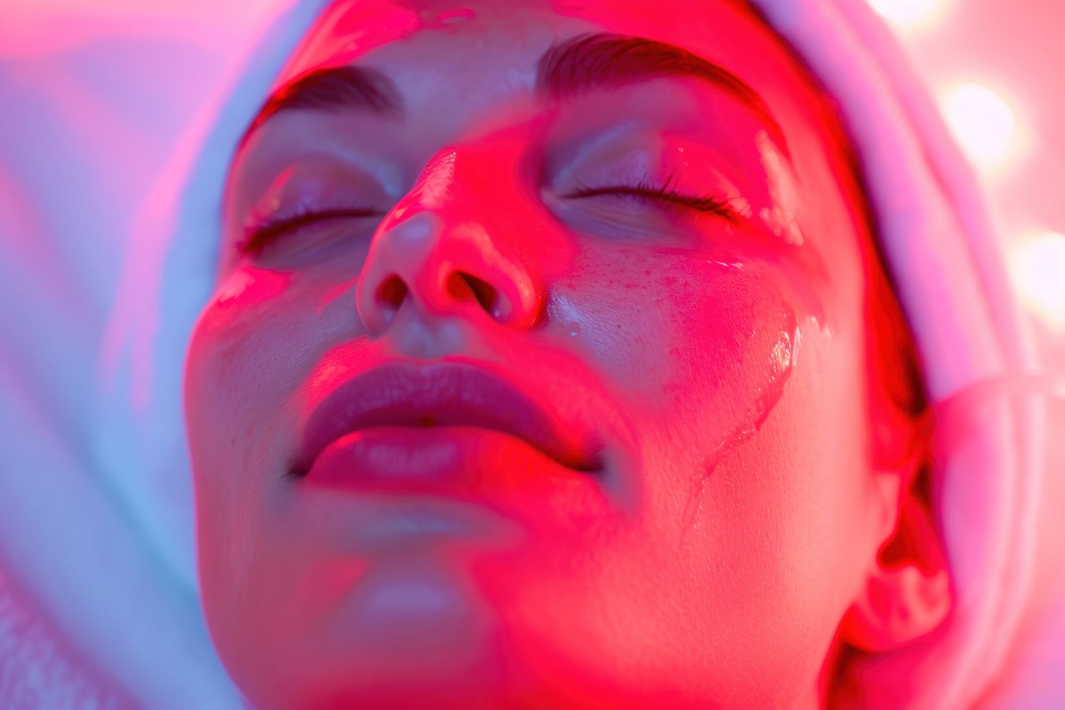 Woman relaxing during facial treatment with glow.