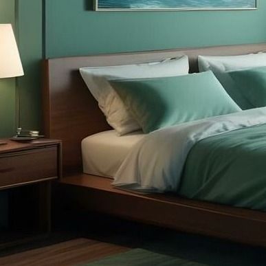 Cozy bedroom with green bedding and lamp.
