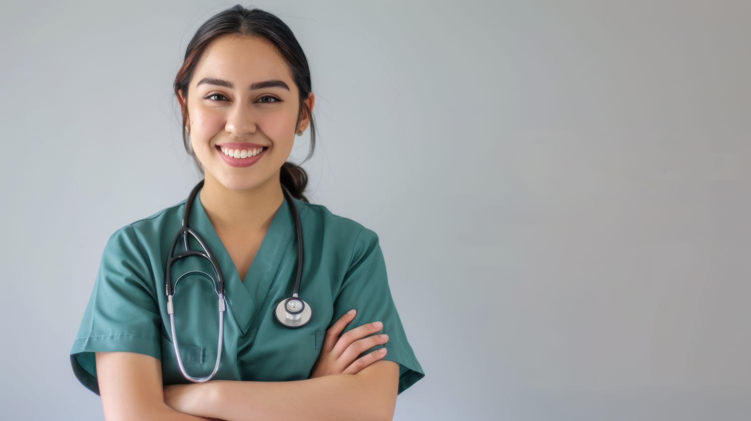 Smiling healthcare professional in scrubs with stethoscope.