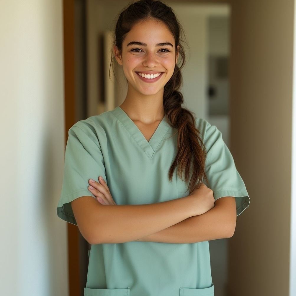 Smiling healthcare professional in green scrubs.